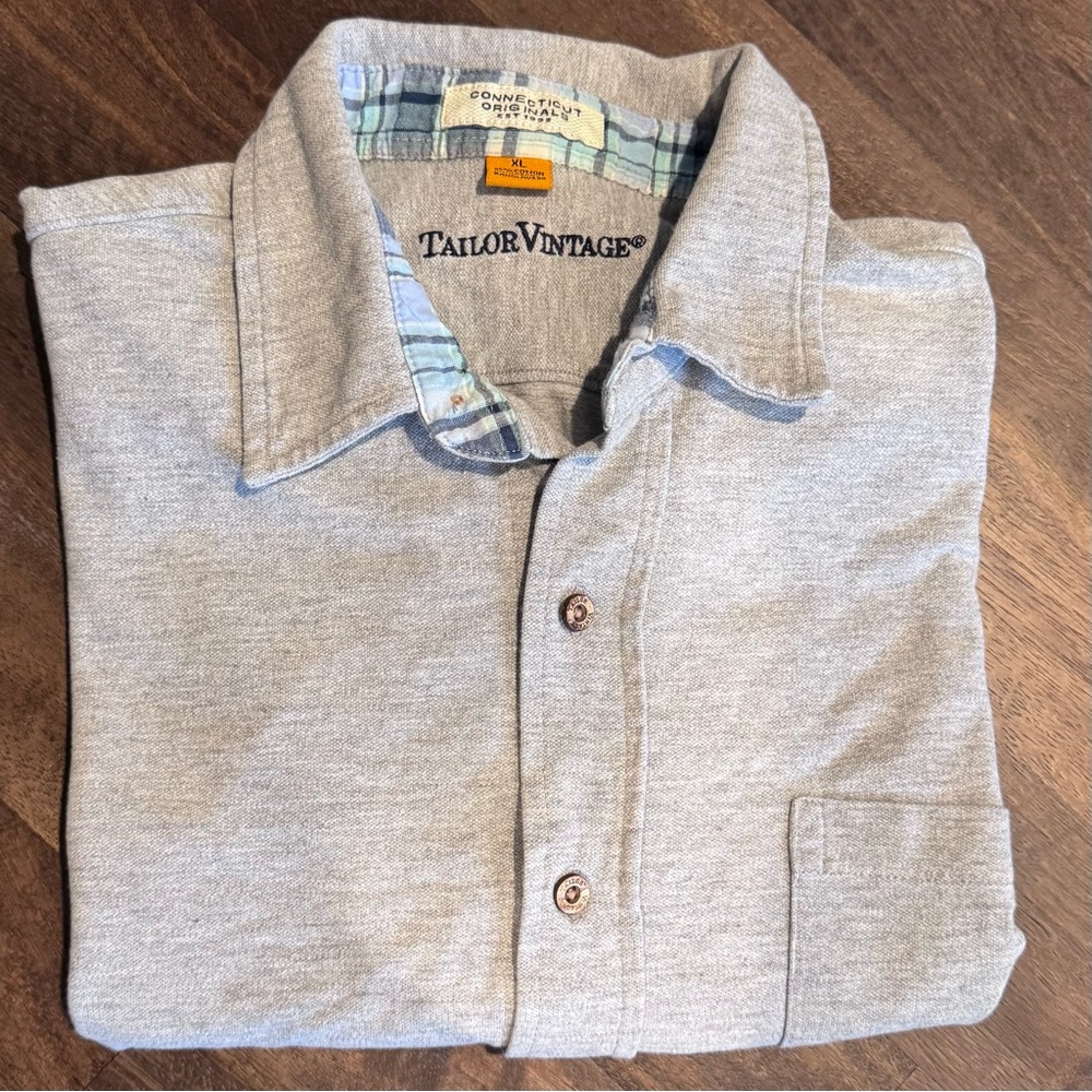 Tailor Vintage Light Gray Shirt Button Down Polo with Plaid Accent, Size Large